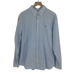 Vineyard Vines Whale Shirt Button Down Dress XL Blue White Stripe Work Cotton
